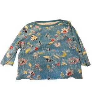 Westbound Woman 1X Floral Print Blue Long Sleeve Top 100% Cotton Casual Colorful